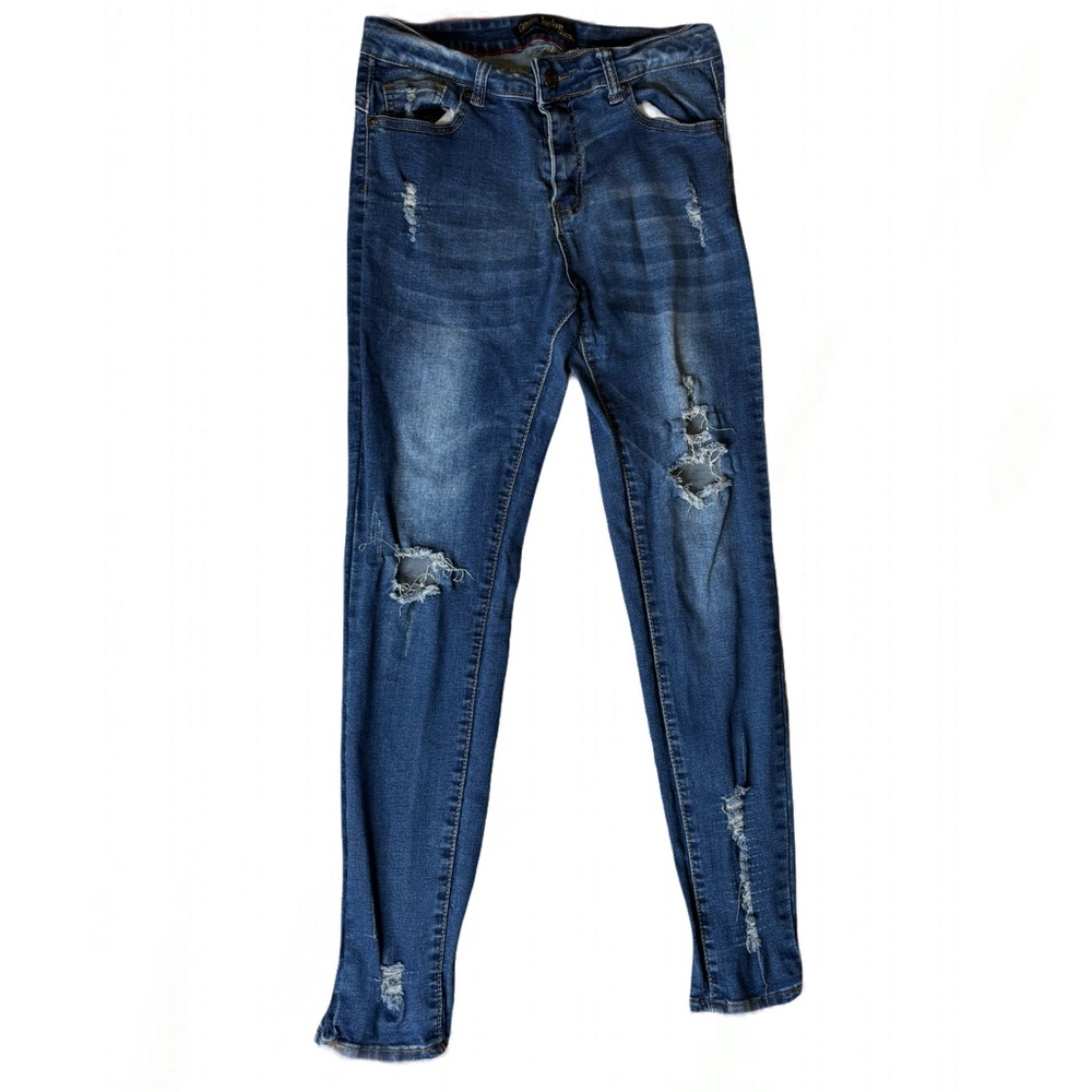 Dark blue denim, high-waisted, distressed skinny jeans. Size 9!